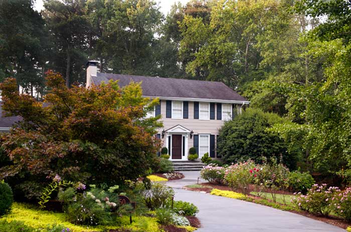 Large lawn and tree maintenance yard along fence, shaping shrubs, trimming trees