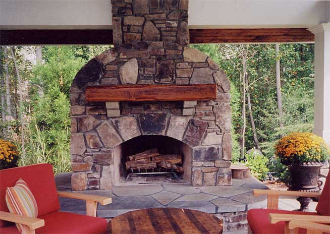 Outdoor living room with fireplace